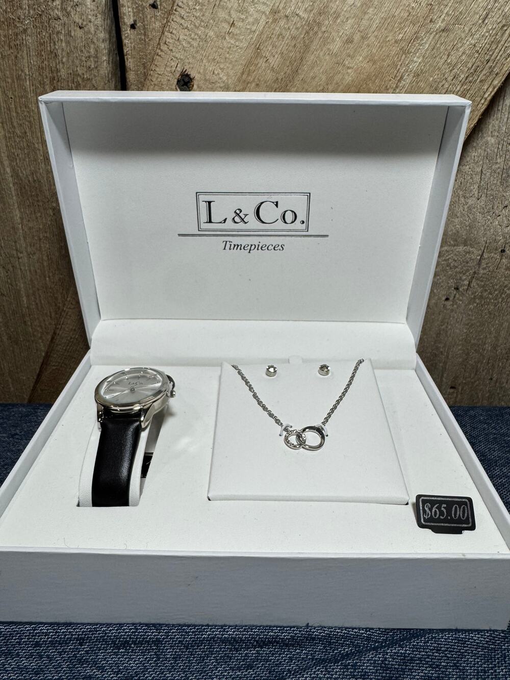 L & Co. Timepieces Gift Set With Watch Necklace & Earrings In Box